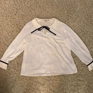 Boden White Blouse with Pleated Collar and Velvet Bow